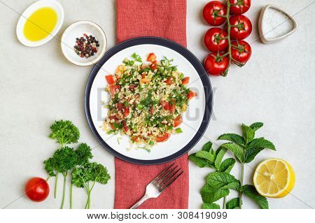 Lebanese Traditional Salad Taboule Soaked Bulgur And Ingredients