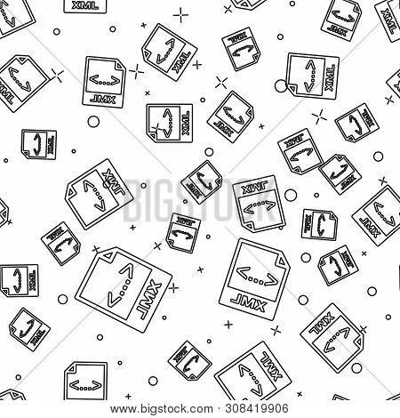 Black Xml File Document Icon. Download Xml Button Icon Isolated Seamless Pattern On White Background
