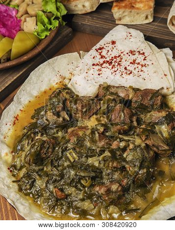 Meat Stew, Turshu, Sebze Govurma With Onions, Green Herbs, Carrots In Broth Sauce . Image