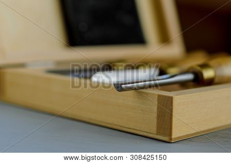 Close Up Woodturning Chisel In Wooden Box
