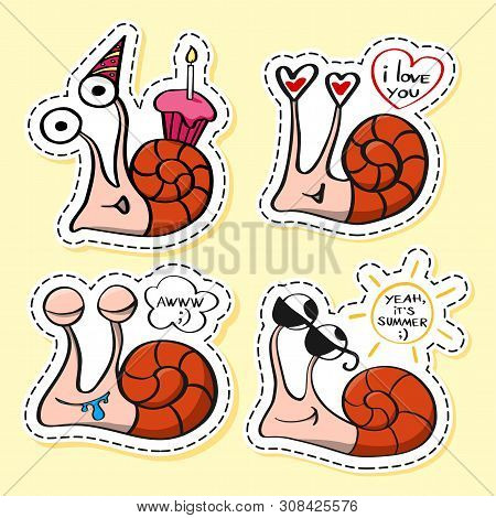 Snails Stickers Set. Funny Emoji. Nature Character. Cartoon. Icon, Element, Design, Card, Gift, Text