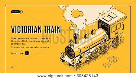 Railway Transport History Museum Isometric Web Banner. Victorian Era Steam Locomotive Erupting Steam