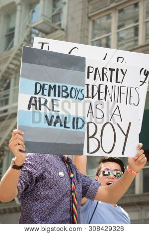 2018 JUNE 24 NEW YORK: NYC Pride March participant holds a sign that says DemiBoys Are Vaild on the 5th Ave parade route.