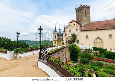 View Of Beautiful Castle Vranov Nad Dyji, Moravian Region In Czech Republic. Ancient Chateau Built I