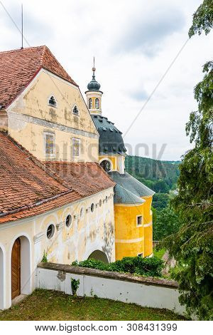 View Of Beautiful Castle Vranov Nad Dyji, Moravian Region In Czech Republic. Ancient Chateau Built I