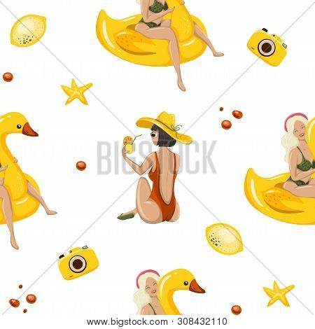 Hand Drawn Vector Seamless Pattern Background With Cartoon Women. Summer Time People. Vector Eps 10