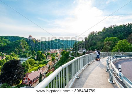 Young Boy Is Looking From Bridge In Vranov City To Near Castle.