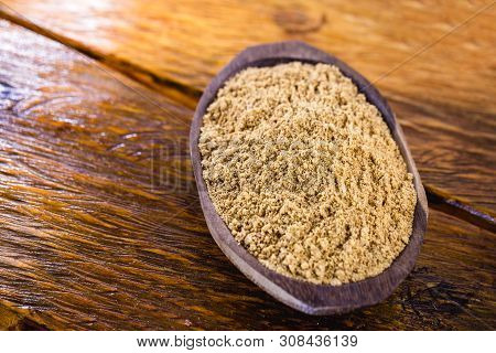 Sweet Peanut Ground And Made In Brazil, Called Paçoca, Food On Rustic Wooden Table, With Space For T