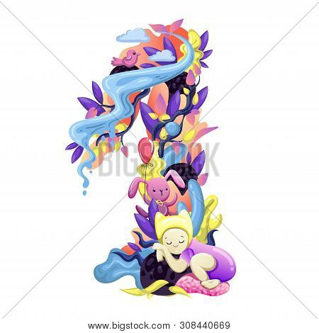 Cute Months Sticker With Animals For Baby. Baby Shower Party, Month Sticker. Number 1. Happy Birth. 