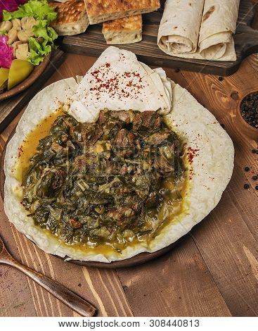 Meat Stew, Turshu, Sebze Govurma With Onions, Green Herbs, Carrots In Broth Sauce . Image