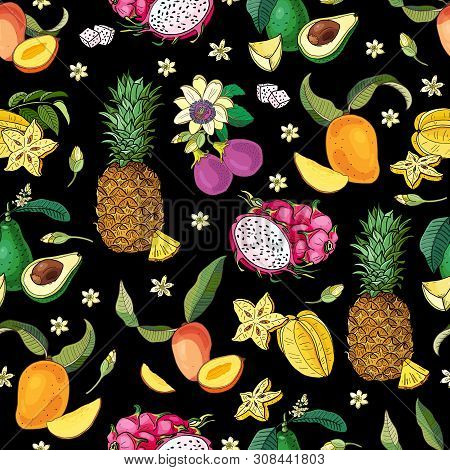 Pineapple With Leaves, Little Chunks. Seamless Pattern With Piece Of Tropical Fruits On Black