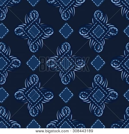 Indigo Blue Ornament Ogee Shapes. Vector Pattern Seamless Background. Hand Drawn Foulard Jewel Graph