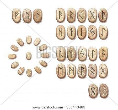 Stack Of Stone Runes Isolated On White Background. Runes Are Cut From Stone Blocks. Magic Symbols Fo
