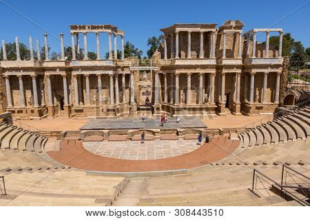 MERIDA, SPAIN - JUNE 9, 2019: Antique Roman Theatre in Merida, Spain. Built by the Romans in end of the 1st century or early 2nd century