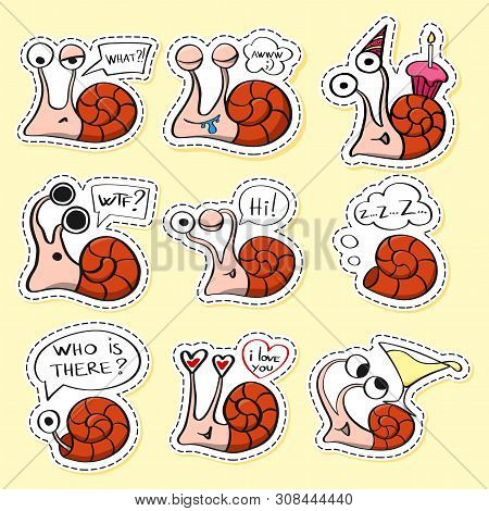 Snails Stickers Set. Funny Emoji. Nature Character. Cartoon. Icon, Element, Design, Card, Gift, Text