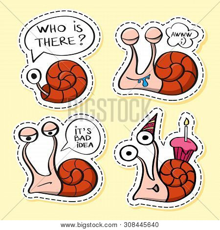 Snails Stickers Set. Funny Emoji. Nature Character. Cartoon. Icon, Element, Design, Card, Gift, Text
