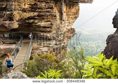 Katoomba, New South Wales, Australia - February 13 2019: Bridge To Rock Formation Three Sisters With