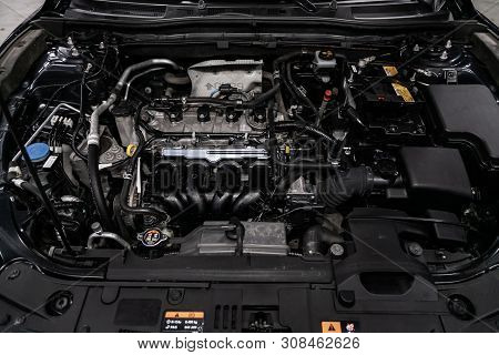 Novosibirsk, Russia - June 22, 2019:  Mazda 3, Close-up Of The Engine, Front View. Internal Combusti