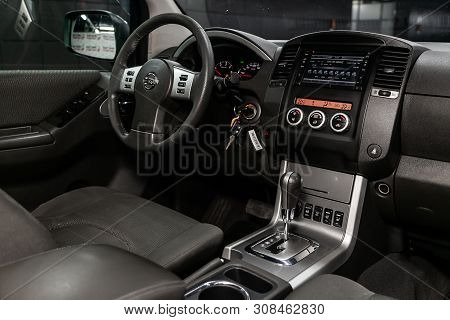 Novosibirsk, Russia - June 22, 2019:  Nissan Pathfinder, Close-up Of The Dashboard, Player, Steering