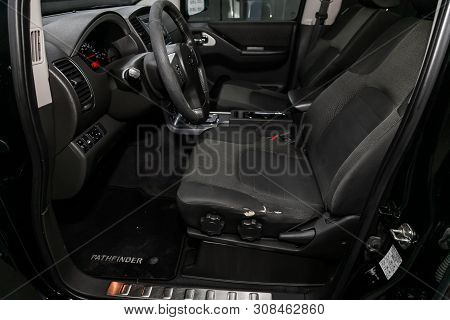 Novosibirsk, Russia - June 22, 2019:  Nissan Pathfinder, Close-up Of The Dashboard, Player, Steering