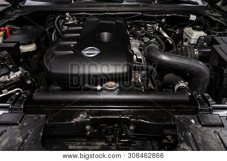 Novosibirsk, Russia - June 22, 2019:  Nissan Pathfinder,close-up Of The Engine, Front View. Internal