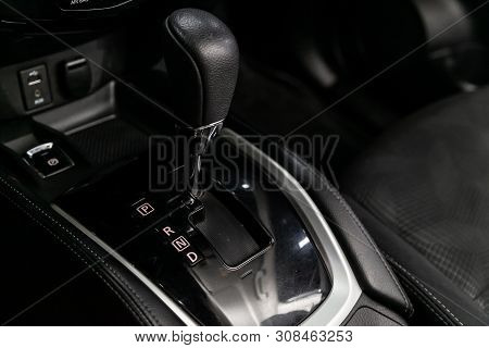 Novosibirsk, Russia - June 22, 2019:  Nissan X-trail, , Close-up Of The Accelerator Handle And Butto
