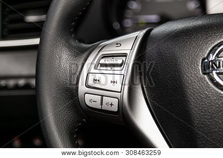 Novosibirsk, Russia - June 22, 2019:  Nissan X-trail,  Car Controller On Steerling Wheel ,music,cont