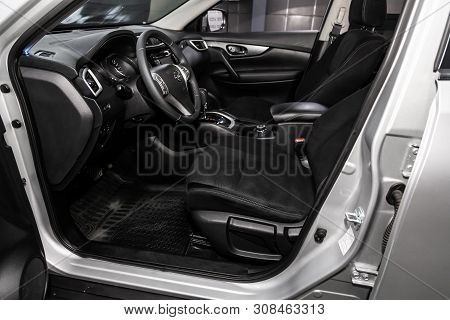 Novosibirsk, Russia - June 22, 2019:  Nissan X-trail, Close-up Of The Dashboard, Player, Steering Wh