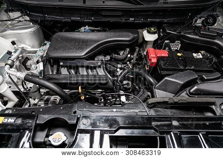 Novosibirsk, Russia - June 22, 2019:  Nissan X-trail,  Close-up Of The Engine, Front View. Internal 