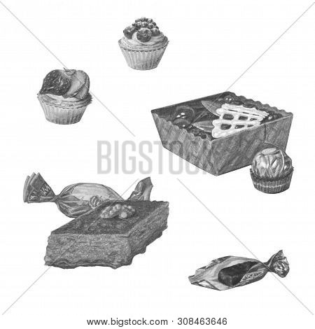 Set Of Monochrome Sweets Isolated On White. Candy, Cakes, Chocolate, Desserts. Watercolor Beautiful 