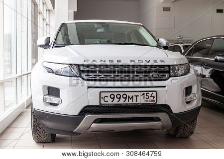 Novosibirsk, Russia - 08.01.2018: Front View Of Range Rover Land Rover Evoque In White Color After C