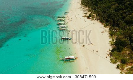 Coast With Sandy Beach With Tourists And Clear Blue Sea Top View, Puka Shell Beach. Boracay, Philipp