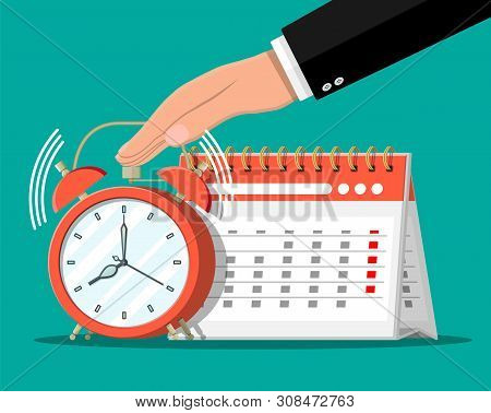 Paper Spiral Wall Calendar, Clocks And Hand. Calendar And Alarm Clocks. Schedule, Appointment, Organ