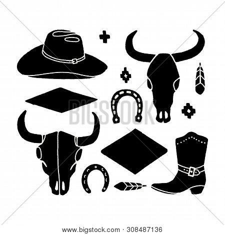 Vector Set Of Hand Draw Elements Of The Wild West. Cowboy Western Icons In Monochrome. Design Elemen