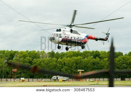 Tyumen, Russia - June 19, 2019: Aircraft Repair Helicopter Utair Engineering Plant. Test Flight Of M