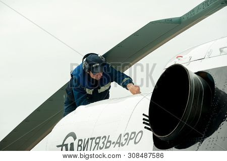Tyumen, Russia - June 19, 2019: Aircraft Repair Helicopter Utair Engineering Plant. Male Mechanic In