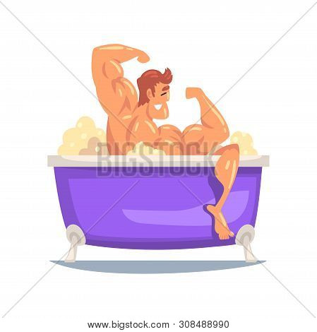 Funny Strong Muscular Man Taking Bath, Male Character Relaxing In Bathtub Full Of Foam Vector Illust