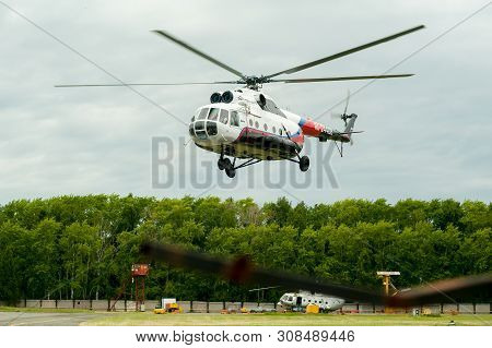 Tyumen, Russia - June 19, 2019: Aircraft Repair Helicopter Utair Engineering Plant. Test Flight Of M