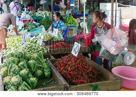 Bangkok, Thailand - 22nd April 2016: Vegetable Stall On Khlong Toei Market. This Is Bangkoks Largest