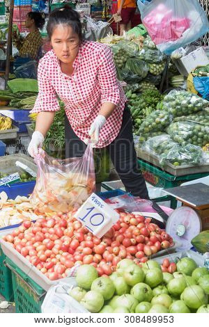 Bangkok, Thailand - 22nd April 2016: Vegetable Stall On Khlong Toei Market. This Is Bangkoks Largest