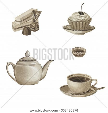 Sepia Color Tea Set Isolated On White. Porcelain Teapot, Cup, Sweets. Watercolor Beautiful Illustrat