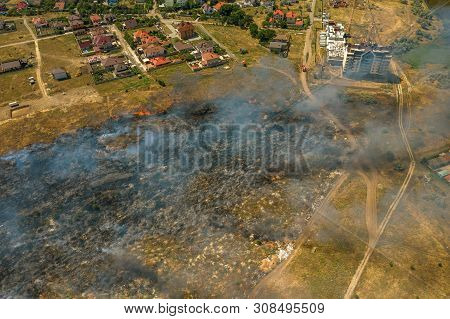 Heavy Smoke In Steppe. Forest And Steppe Fires Destroy Field, Steppes During Severe Droughts. Fire,