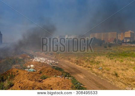 Heavy Smoke In Steppe. Forest And Steppe Fires Destroy Field, Steppes During Severe Droughts. Fire,