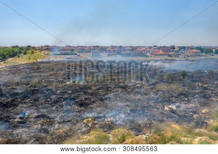 Heavy Smoke In Steppe. Forest And Steppe Fires Destroy Field, Steppes During Severe Droughts. Fire,