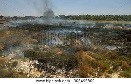 Heavy Smoke In Steppe. Forest And Steppe Fires Destroy Field, Steppes During Severe Droughts. Fire,