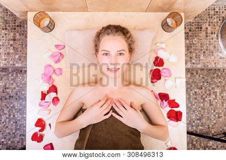 Happy Woman In Hammam Or Turkish Bath In Relax