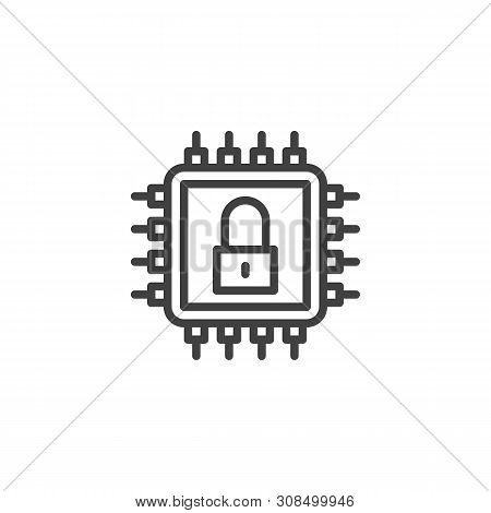 Data Security Line Icon. Cpu Processor With Padlock Linear Style Sign For Mobile Concept And Web Des