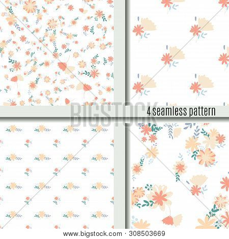 Set Seamless Pattern Bouquets Of Simple, Clear, Ordinary Flowers Bright And Cute