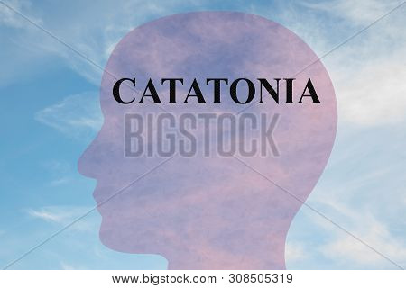 Render Illustration Of Catatonia Title On Head Silhouette, With Cloudy Sky As A Background.