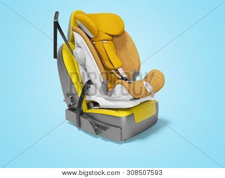 Orange Baby Car Seat With Isofix On Yellow Car Seat 3d Render On Blue Background With Shadow